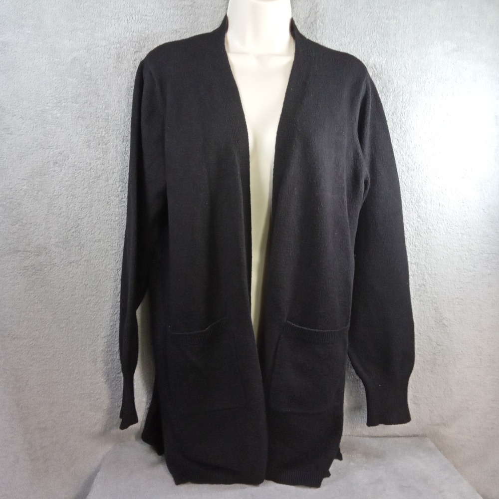 Womens Black Open‎ Front Longline Cardigan Sweater Pockets Size L Fine Knit